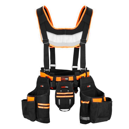 WISEPRO Tool Belt with Suspenders, Tool Belt Organizer with Adjustable & Detachable Tool Pouch Bag Hammer Holder, Heavy Duty Tool Pouch Belt for Carpenter Electrician Framers