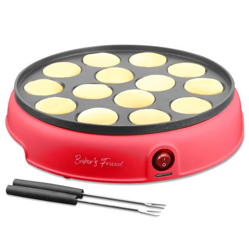 Baker's Friend Mini Pancakes Maker Machine, Dutch Mini Pancake Griddle, 14 Holes Electric Poffertjes Pan, Ideal for Breakfast, Snacks, Desserts & More, Red