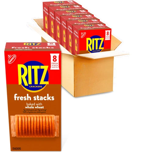 RITZ Fresh Stacks Whole Wheat Crackers, Bulk Travel Snacks, 6 Boxes (48 Multi Snack Packs)