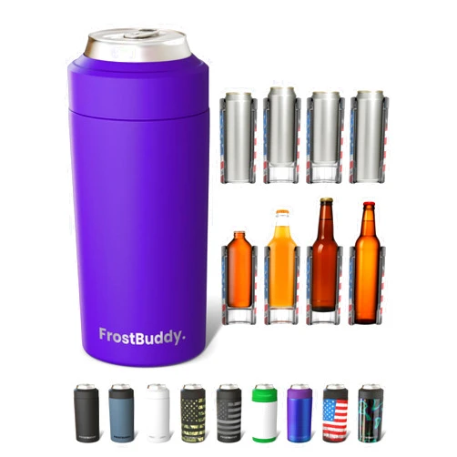 Frost Buddy Universal Buddy Can Cooler - Fits All - For Regular 12 & 16 oz or Slim-Size Bottles - Insulated Double-Walled Stainless Steel (Purple)
