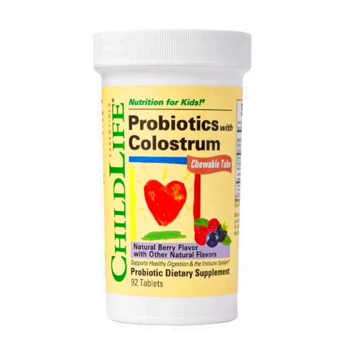 ChildLife Essentials ChildBiotics with Colostrum - Probiotics for Kids & for Digestive Health, Chewable Children's Probiotic, Colostrum for Kids, Gluten Free - Natural Berry Flavor, 92 Tablets