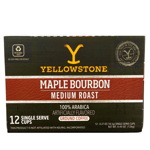 Y Yellowstone Yellowstone Maple Bourbon Medium Roast Coffee, Single Serve Recyclable Pods/Cups, 100% Arabica Beans, 12 Count