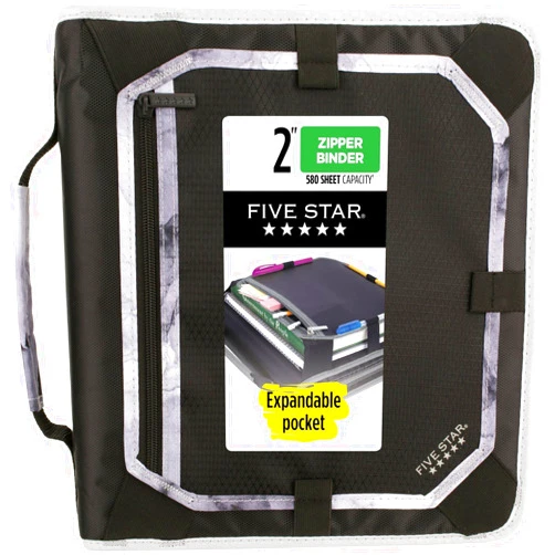 Five Star Zipper Binder, 2 Inch 3-Ring Binder for School, Expansion Panel and Expanding File, 580 Sheet Capacity, Black/Gray (29052IT8)