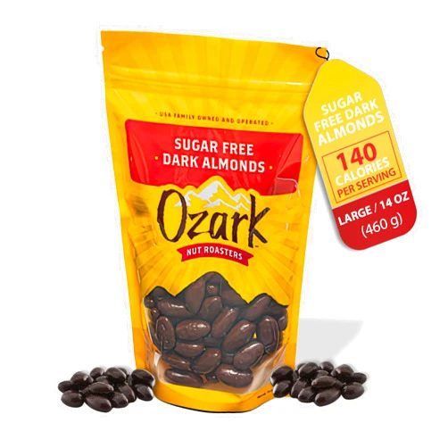 OZARK NUT ROASTERS, Sugar-Free Dark Almonds, Chocolate-Flavored Snack Nuts, World-Class Gourmet Candied Peanuts, Resealable Pack (14.0 oz)