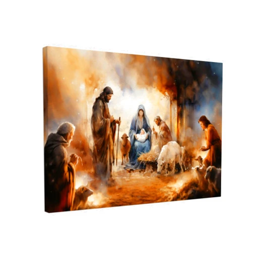 MAXFOUNDRY Wrapped Canvas Wall Art: Nativity Scene Watercolor Painting - Mary, Joseph, Three Wise Men - Birth of Jesus Christ - Ready to Hang Decor for Christmas & Holidays (12x16 in)