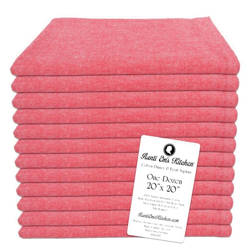 Aunti Em's Kitchen Chambray Red Cotton Napkins Cloth 20 x 20 Oversized 100% Natural Bulk Linens for Dinner, Events, Weddings, Set of 12