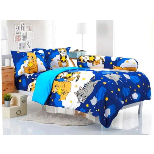 Tamegems Bedding Cute Cat Kitten Collection Bedding Set, 1 Fitted Sheet, 1 Pillow Case, 1 Bolster Case, 1 Comforter Set A+1 (Blue 077, Twin 42