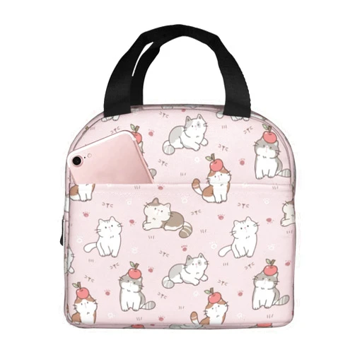 Echoserein Cute Cartoon Cat Pink Lunch Bag Kawaii Insulated Lunch Box Reusable Lunchbox Waterproof Portable Lunch Tote For Women Girls