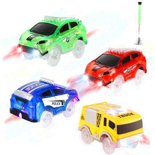 Save Unicorn Tracks Cars Only Replacement, Flex Track Race cars for Magic Tracks Glow in the Dark, LED Lights Up Battery Operated Snap N Glow Trax cars Accessories, Compatible with Most Car Tracks for Kids (4pack