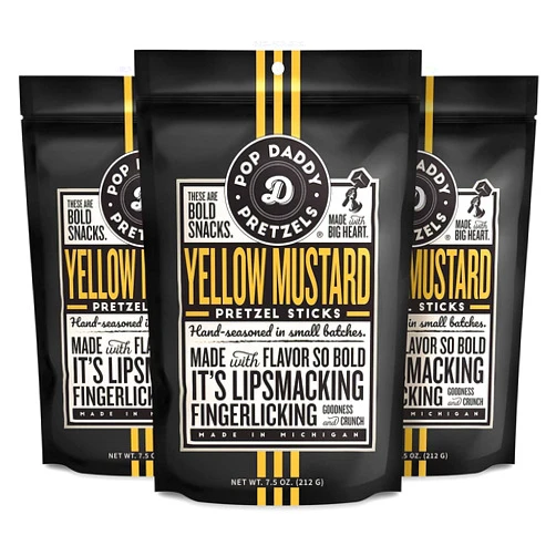 POP DADDY ·POPCORN· Pop Daddy Flavored Pretzels Sticks | Healthy Gourmet Pretzels Snacks | 7.5oz Individual Bags | 3 Pack | Yellow Mustard