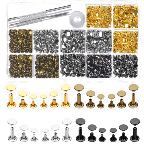 Selizo 480 Sets 4 Colors 3 Sizes Leather Rivets Double Cap Rivet Tubular Metal Studs with 3 Pieces Setting Tool Kit for Leather Craft Repairs Decoration