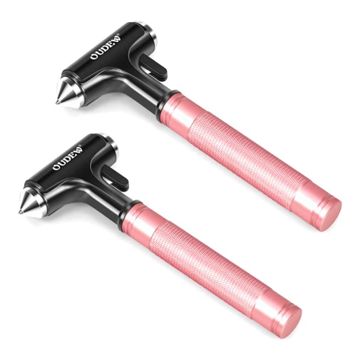 OUDEW 2 Packs Car Safety Hammer, Car Glass Breaker with Seat Belt Cutter, Automotive Escape Tool, Metal Window Breaker, Emergecy Safety Hammer for Car Accidents (Pink)