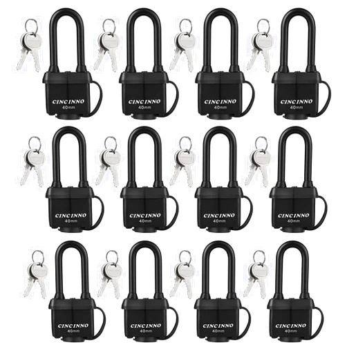 CINCINNO Heavy Duty Weatherproof Laminated Padlock with Key，2.2 Inch Long Shackle Pad Lock with Same Key for Door, Gate, Shed, Trailer, Storage, Chain, 12 Pack