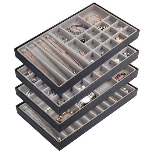 J JACKCUBE DESIGN Set of 4 Stackable PU Leather Jewelry Organizer Trays, Jewelry Display Storage Box Showcase Holder Dresser Drawer Organizer for Earring Necklace Bracelet Ring Accessary (Black)- MK212-1ABCD