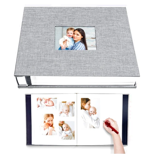 HoneyTolly Large Photo Album Self Adhesive with Picture Display Window, DIY Scrapbook Album for 4x6 8x10 Pictures, 40 Pages Linen Cover Memory Book with Scraper and Metallic Pen(Grey)