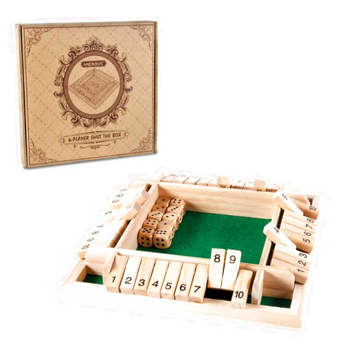 AMEROUS 1-4 Players Shut The Box Dice Game,Classic 4 Sided Wooden Board Game with 10 Dice and Instructions for Kids Adults, Tabletop Version