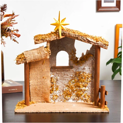 TOETOL Manger for Nativity Scene for Inside 7&8 inch Scale Holy Family Nativity Stable Creche Realistic Moss Hay Wooden Fabric Desk Collectable Decor Home Christmas Decorations(13.8