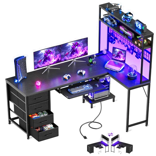 AODK 59 Inch L Shaped Desk with 4 Drawers, Gaming Desk with Led Lights & Power Outlets, Computer Desk with Pegboard & Keyboard Tray, Reverisble Home Office Desk with Storage Shelves & CPU Stand, Black