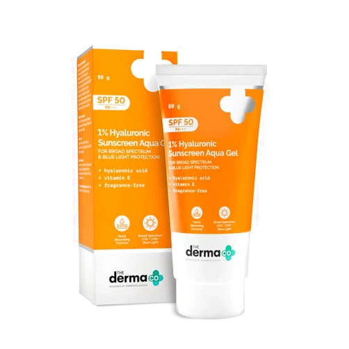 The Derma Co 1% Hyaluronic Sunscreen Aqua Gel with SPF 50 & PA++++ | Broad Spectrum UVA/B & Blue Light Protection | Suits Oily to Normal Skin | 2.82 Oz/80 g