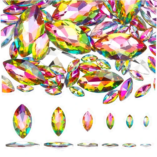 FINGERINSPIRE 94 Pcs Horse Eye Glass Rhinestones 6 Sizes Colorful Pointed Back Rhinestone Marquise Shaped Faceted Gem Stone Crystal Jewelry Embelishment with Plated Back for Craft Decor Jewelry Making