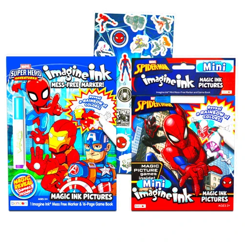 Bendon Marvel Store Spiderman Imagine Ink Coloring Book Set -- 2 Mess-Free Books with Stickers,No Mess Magic Pens,Games,Puzzles,Mazes,Activities