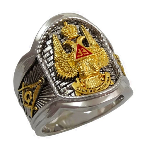 UNIQABLE Masonic Scottish Rite 33 Degree Ring 18K Gold Pld White Version 22 Grams Templar Handmade BR-23