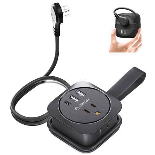 ORICO Travel Power Strip with USB Ports, Small Extension Cord Flat Plug 3.7 Ft 3 USB Ports 2 Outlets, Cruise Ship Essentials Travel Must Haves, Black/White Random Shipment（1Pack）