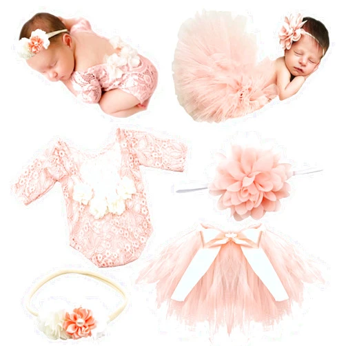 SPOKKI 4 PCS Newborn Photography Props Outfits-BabyTutu Skirt Cute Bow Headdress and Lace Rompers Flower Headband Sets for Infants Girl Boy