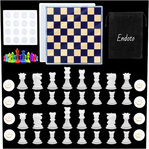 Endoto Chess Set with Checkers Board Silicone Resin Mold, 16 Pieces Full Size 3D Chess Crystal Epoxy Casting Molds for DIY Art Crafts Making, Family Party Board Games and Home Decoration