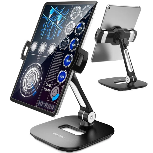 AboveTEK Aluminum iPad Stand, Foldable 360 Swivel Tablet Stand for Kitchen, Bedside, Office, POS, Showroom, Reception, Black
