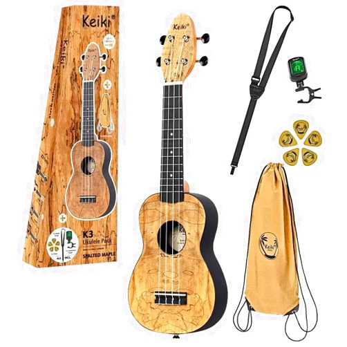 Ortega Guitars, 4-String Keiki Exotic Wood Series Soprano Left-Handed Ukulele Pack-Icludes: Tuner, Picks, Strap & Tote Bag, Spalted Maple, (K3-SPM-L)