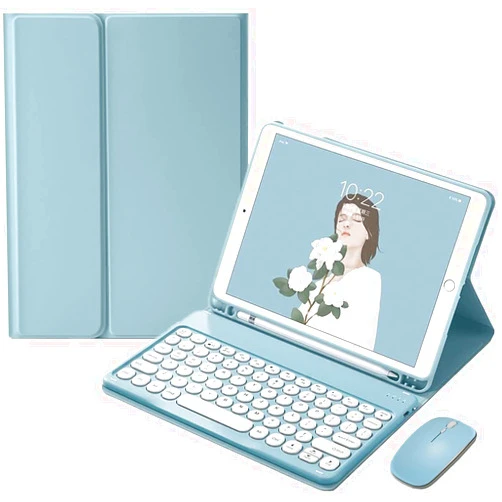 PboyiqiS Keyboard Case for iPad 10 2022, Case for iPad10th Generation with Keyboard and Mouse, Cute Round Key Detachable Keyboard Case with Pencil Holder (Sky Blue)