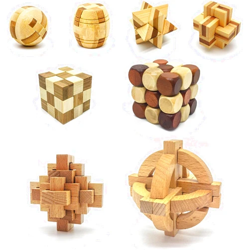 PicassoTiles 8 Styles Interlocking Sensory Toys Wooden Burr Cube, Ball and Barrels Logic Skill Genius Puzzle Brain Teaser Games & Intellectual 3D Assembling Educational Toy Set for Kids & Adults PTP08