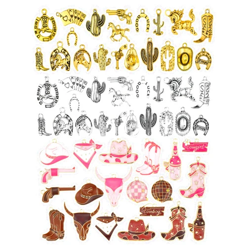 YETOOME 60pcs Western Cowboy & Cowgirl Charms for Jewelry Making, Antique Silver Gold Enamel Pendants Hat Boot Horse Cactus Trinkets for Bracelet Necklace Earrings Keychain(4 colors)