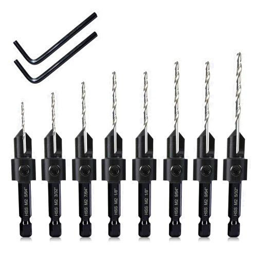 DECKRKAT 8 Pack Woodworking Countersink Drill Bits Set 3in1, Heavy Duty M2 Pilot Drill Bits Depth Adjustable, 82-Degree Chamfer, 1/4” Hex Shank, for #4#6#8#10#12#14 Screws in Soft & Hard Wood