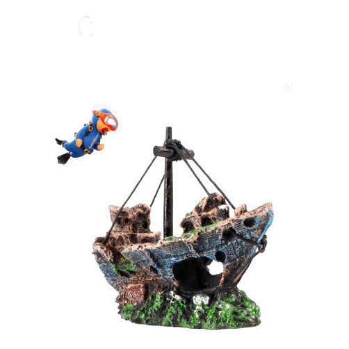 AWXZOM Aquarium Shipwreck Decoration + Little Diver Floating Fish Tank Decoration, Fish Tank Hideout, Fish Tank Ornaments (Shipwreck)