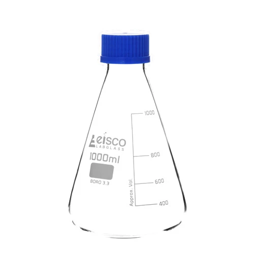 EISCO Erlenmeyer Flask, 1000ml - Borosilicate Glass - with PTFE Screw Cap - Conical Shape - White Graduations