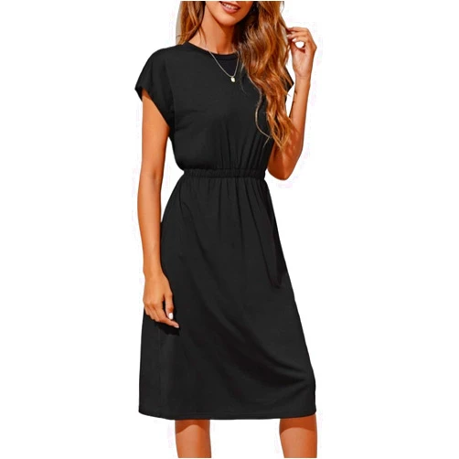 Wocrolse Women's Summer Casual Dresses 2024 High Waist Round Neck Solid Cap Sleeve Dress