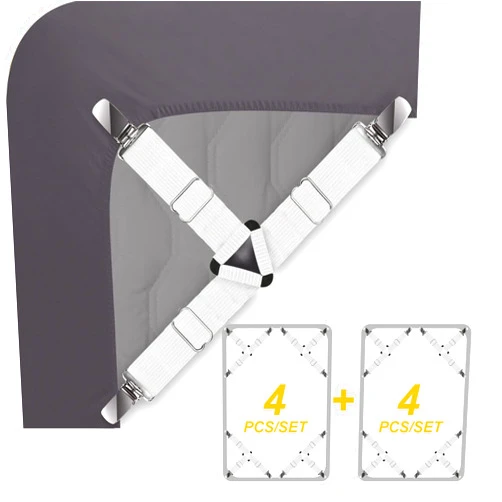 Ultrashang Bed Sheet Straps Fasteners: 2-Set White Elastic Triangle Adjustable Fitted Sheets Holder Clips Suspenders Grippers for Crib Mattress Pad