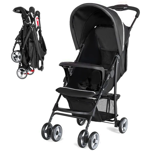 Costzon Baby Joy Lightweight Stroller, Compact Toddler Travel Stroller for Airplane, Infant Stroller w/Adjustable Backrest/Footrest/Canopy, 5-Point Harness, Storage Basket, Easy One-Hand Fold, Black