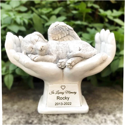 LAGGATTS Personalized Dog Pet Grave Markers Memorial Angel Statue Stone with in God's Hands, Dog Pet Headstone Garden Stone，in Loving Memory of A Pet Lost Gift, 7 Inch(H)