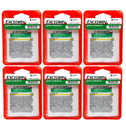 Uni's Excedrin Extra Strength 6 Count Single Dose Relief 2 caplets in Each Packet. Helps Relieves Headache, Toothache, Backache, Menstrual Cramps, Common Cold, and Muscular Aches.