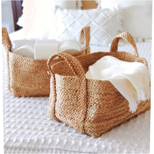 GooBloo Handmade Woven Basket 100% Jute - 10” x 7” - Set of 2- Storage Basket for Living Room, Toys, Storage, Towels or Nursery - Wicker Baskets with Handles - Handmade Natural Bathroom Hampers