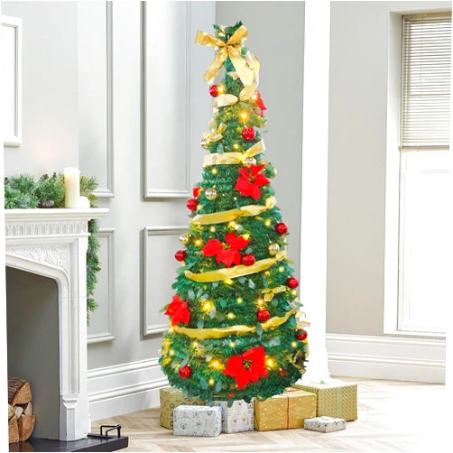 DC DICLASSE 6ft Collapsible Christmas Tree, Pre-Decorated Xmas Tree with 200 Warm Lights, Pop Up Christmas Tree with Gold and Red Balls, Bows, Flowers for Home Party Holiday Decorations