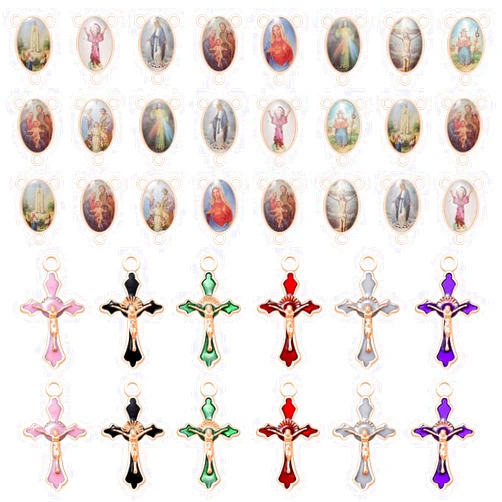 YionZian 60Pcs/30Set Rosary Kits Cross and Center Medal Charms Rose Gold Alloy Picture Jesus Enamel Oval Links Connector Pendant for Diy Catholic Jewelry Making Supplies