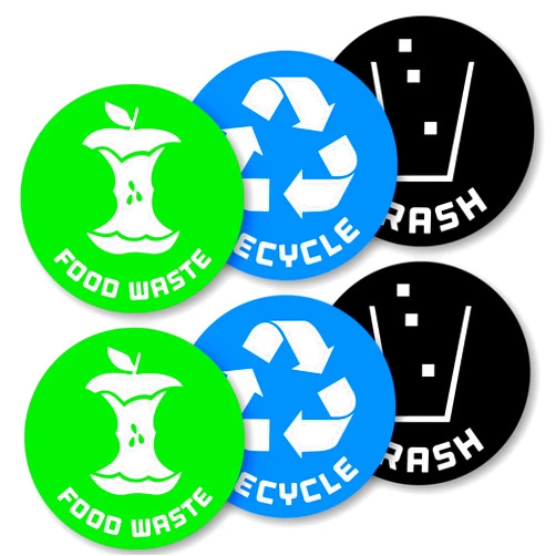 Vinyl Friend Recycle,trash and compost (food waste) bin logo stickers (6 Pack) - Organize trash - for metal or plastic garbage cans, containers and bins - indoor & outdoor