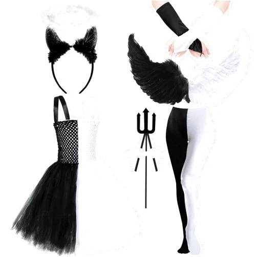Jiuguva 6 Pcs Girls Halloween Angel Devil Costume Accessories Dress Wings Stockings Headband Sleeve Fork Wands for Kids Party