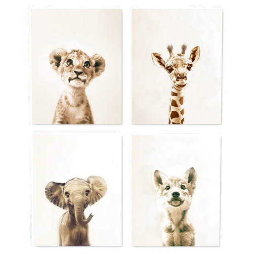 PUHEI Woodland Animals Nursery Wall Art Prints Set of 4, Cute Baby Lion Giraffe Elephant Wolf Wall Posters Decor for Baby Toddler Little Boy Girl Kids Room Nursery Playroom, (8x10 Inches UNFRAMED)