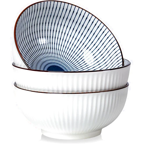 Houlu 60 oz Pho Bowls, Large Soup Bowl, Japanese Ramen Bowl Set, 8 inches Big Porcelain Bowls Set of 3, Striped Pattern