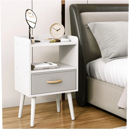 Apicizon Nightstand with Fabric Drawer, Wood Bedside Table with 3 Tier Storage, Mid Century Modern End Table for Bedroom, Small Space, White
